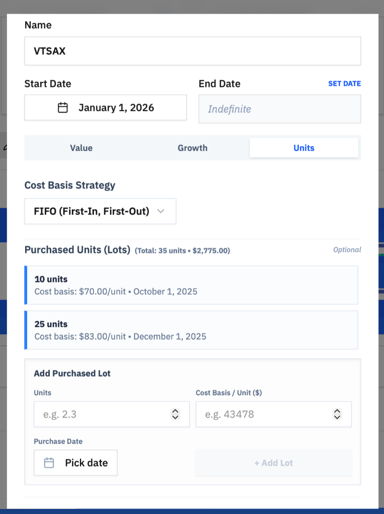 Unit details for capital gains